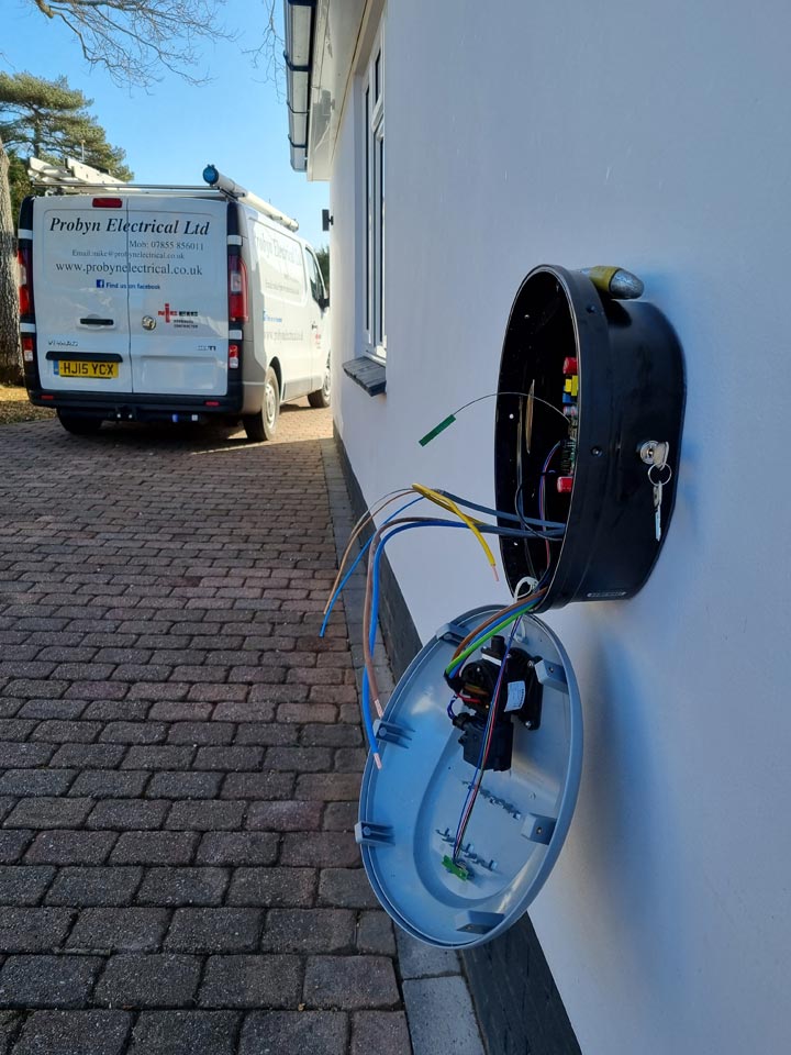 Pod Point 7kw Electric Vehicle Charge Unit Installed on side of property in Christchurch by Probyn Electrical Ltd