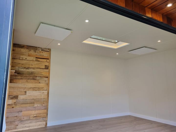 Garden Office Interior Featuring Ceiling Mounted Infrared Heat Panels and LED Spot Lighting in Poole by Probyn Electrical Ltd Dorset