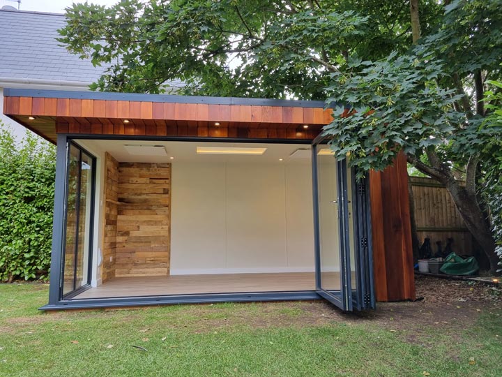 Garden Office Side View with Ceiling Mounted Infrared Heat Panels and LED Spot Lighting in Poole by Probyn Electrical Ltd Dorset