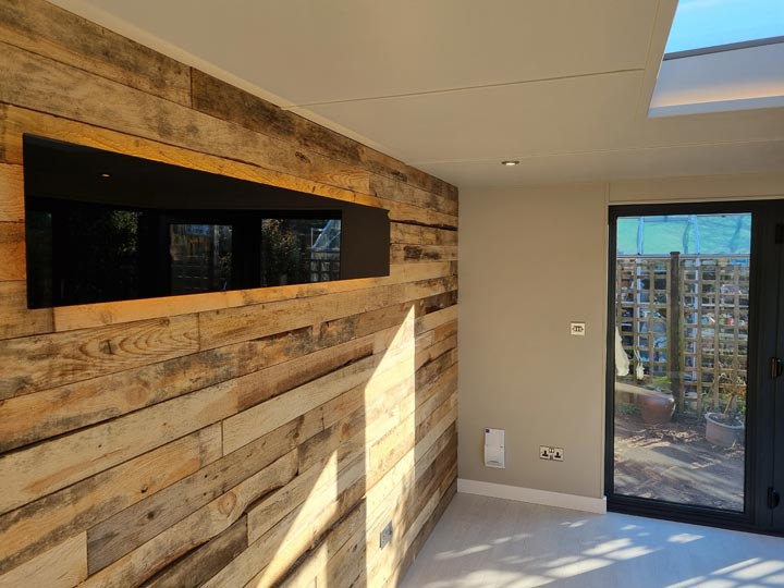 Garden Office with Black Glass Infrared Heat Panel, Wireless Thermostate, LED Down Lights and USB Socket Outlets in Bearwood Bournemouth by Probyn Electrical Ltd Dorset