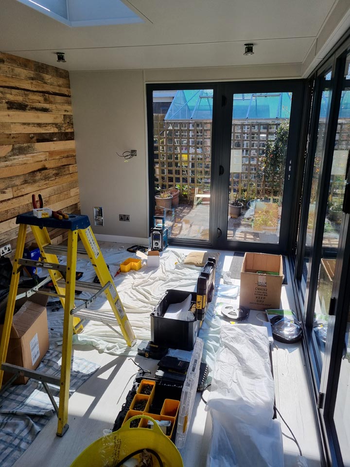 Garden Office - Electrical Installation in Process for Lighting and Infrared Heat Panel by Probyn Electrical Ltd Bournemouth Poole Christchurch Dorset