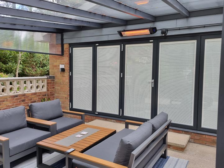 Grey Steel Garden Canopy in Broadstone with Concealed LED Lighting Wall Lights Sockets and Infrared Heater Installed by Probyn Electrical Ltd Dorset