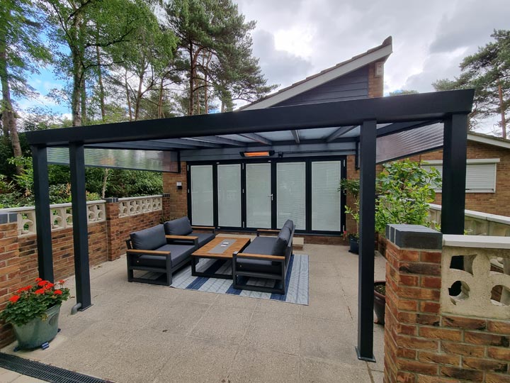 Grey Steel Garden Canopy in Broadstone with Concealed LED Lighting Wall Lights Sockets and Infrared Heater Installed by Probyn Electrical Ltd Dorset