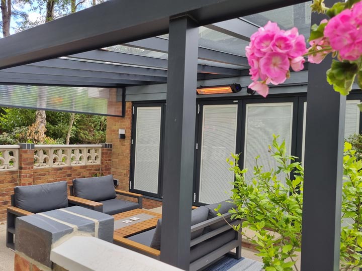 Grey Steel Garden Canopy in Broadstone with Concealed LED Lighting Wall Lights Sockets and Infrared Heater Installed by Probyn Electrical Ltd Dorset